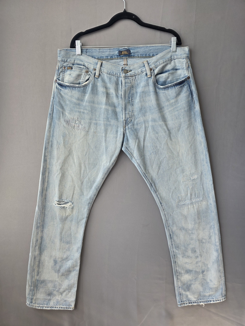 Polo Ralph Lauren Varick Slim Straight Jeans 36x30 Distressed Whitewash Denim